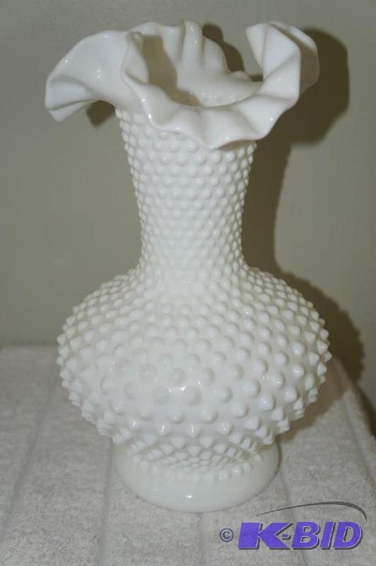 lot 147 image: Fenton Milk Glass Hobnail Ruffled Edge Vase