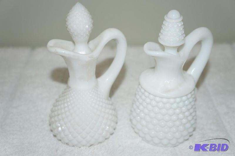 lot 148 image: Set of 2 Fenton Milk Glass Hobnail Oil Cruets