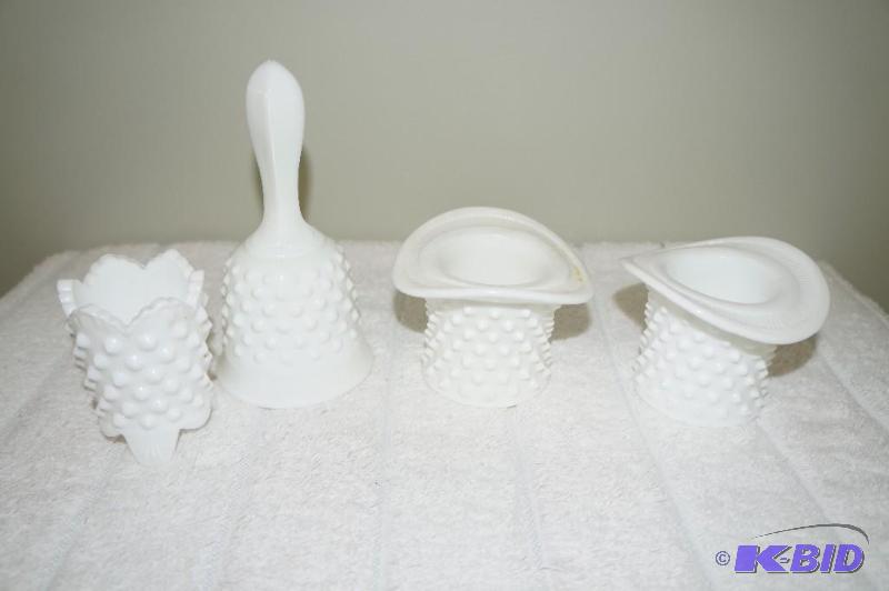 lot 149 image: Lot of 4 Fenton Milk Glass Hobnail Glassware