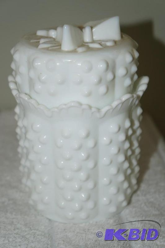 lot 156 image: Fenton Milk Glass Hobnail Covered Candy Dish