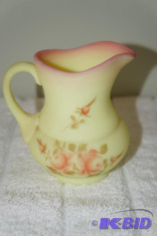 lot 24 image: Fenton Hand Painted and Signed Yellow & Pink Miniature Water Pitcher