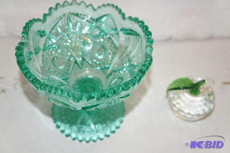 lot 257 image: 24% Lead Crystal Mint Green Candy Dish on Pedestal and Apple Paper Weight