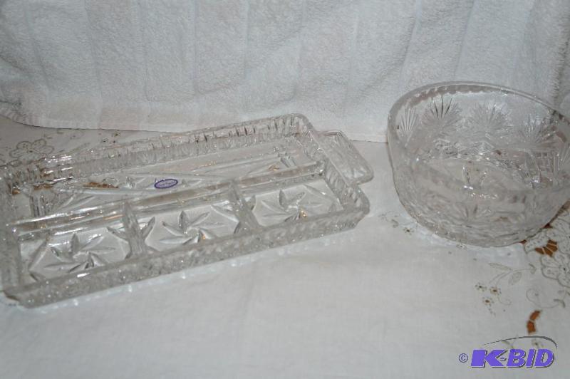 lot 281 image: Lot of 2 Crystal Pieces  24% Lead Ofnah Crystal Divided Dish & Crystal Bowl