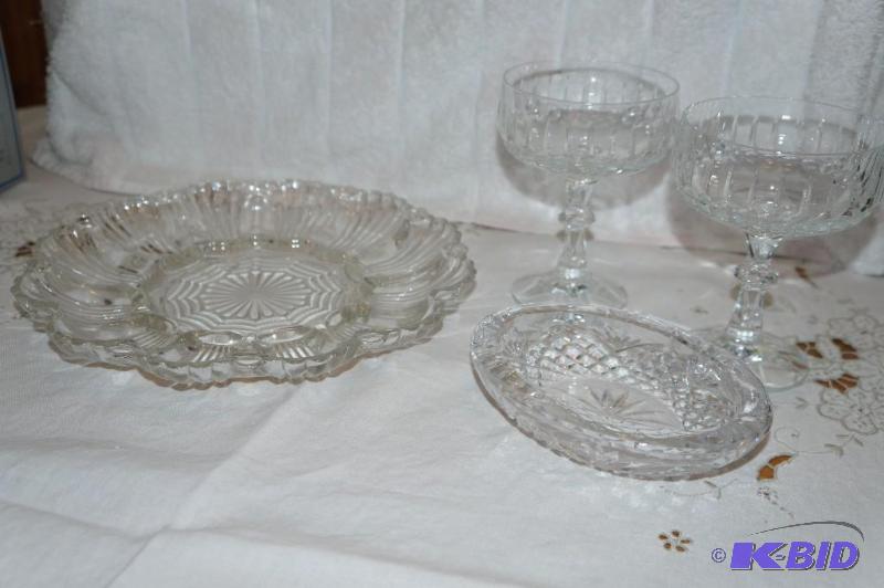 lot 285 image: Set of 4 Crystal PIeces  Deviled Egg Platter, Candy Dish, 2 Bar Ware