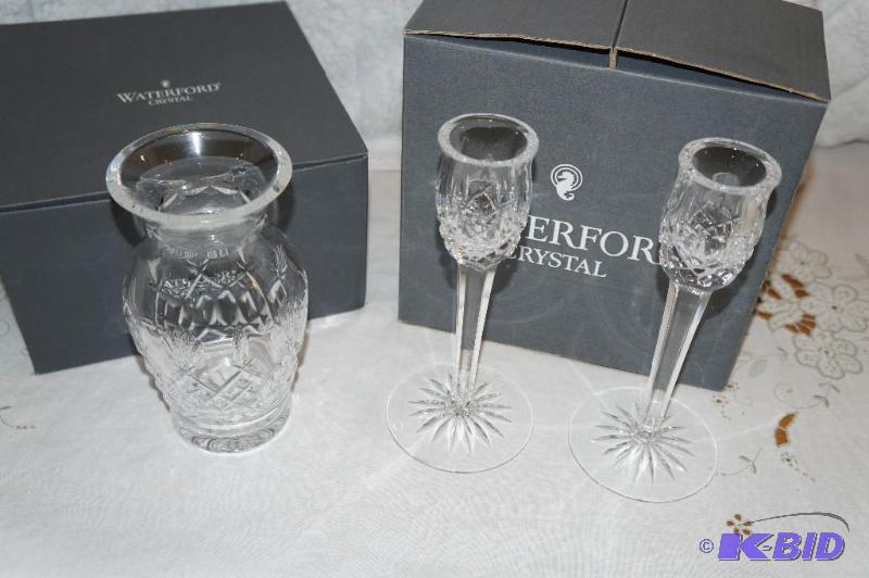 lot 287 image: Waterford Crystal 6 Killarney Vase & Set of 2 Aragline Waterford 7 Candlesticks