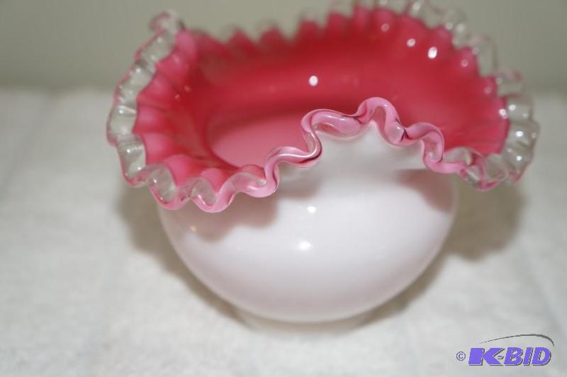 lot 34 image: Fenton Cranberry Milk Glass Ruffled Vase