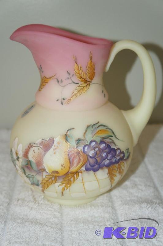 lot 38 image: Fenton Light Yellow & Pink Hand Painted, Signed and Numbered Water Pitcher