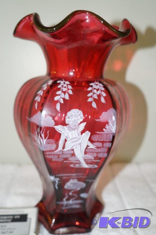 lot 44 image: Fenton Spring Limited Edition Mary Gregory on Cranberry 9 Vase - Limited to 1,500 pieces