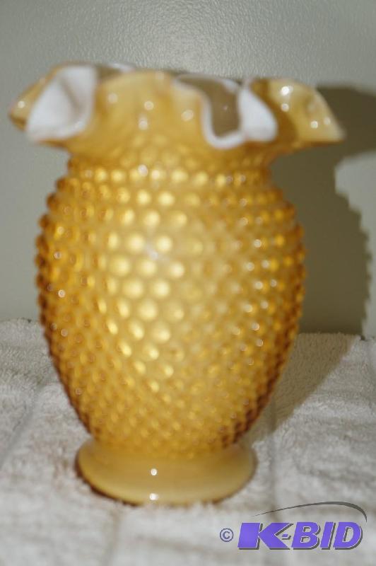 lot 54 image: Fenton Amber & Opalescent Hobnail Vase