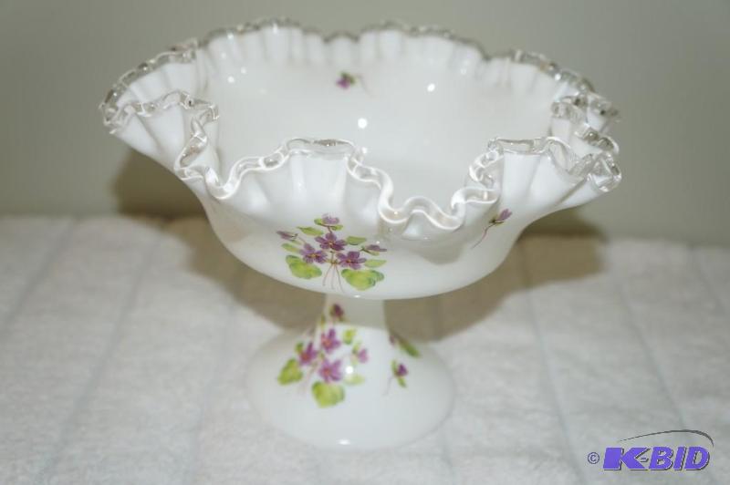 lot 56 image: Fenton Hand Painted Milk Glass Ruffled Edge Candy Dish  Compote
