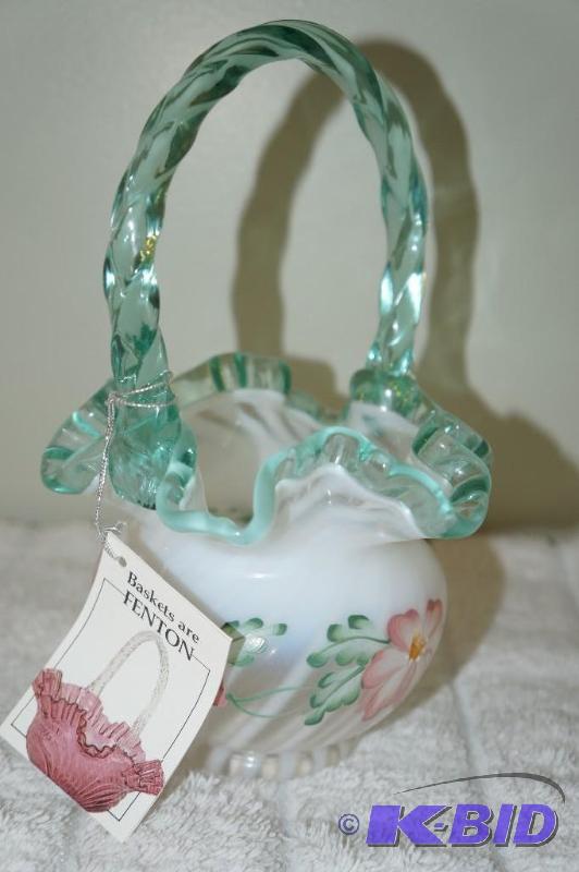 lot 58 image: Fenton Hand Painted Milk Glass & Light Green Ruffled Edge Basket
