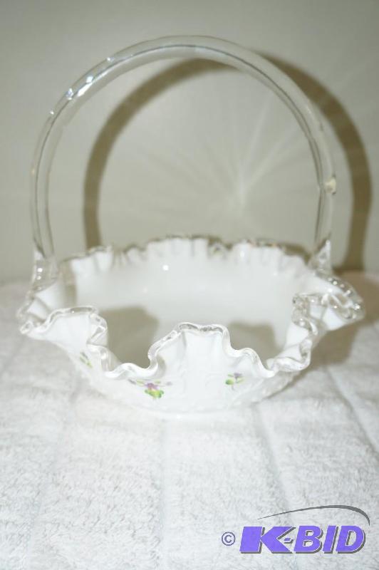 lot 61 image: Fenton Hand Painted and Signed Milk Glass Ruffled Edge Basket