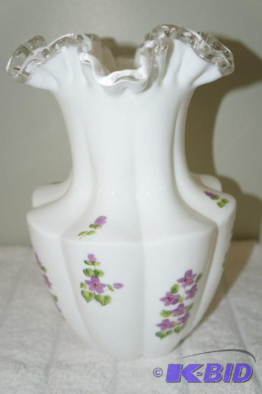 lot 62 image: Fenton Hand Painted Milk Glass Ruffled Edge Vase