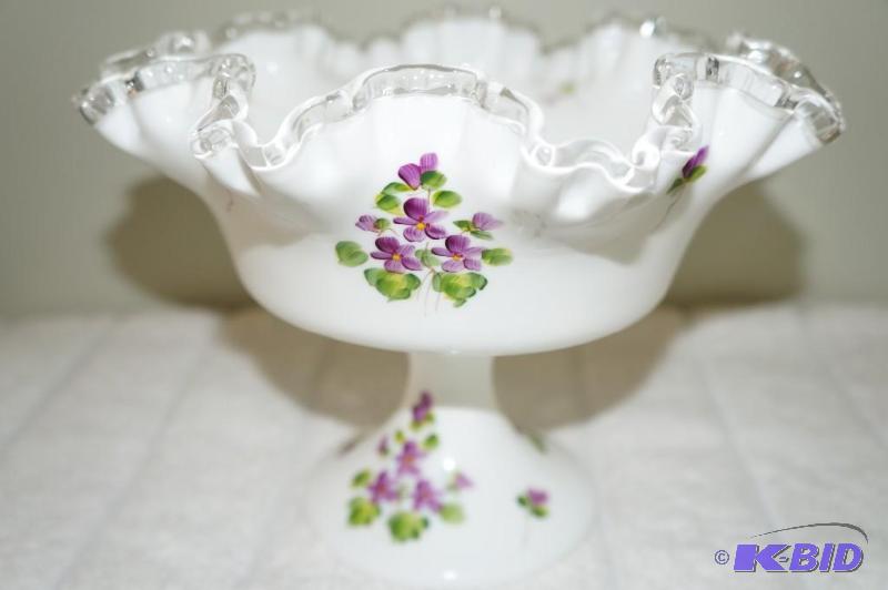 lot 63 image: Fenton Hand Painted Ruffled Edge Candy Dish  Compote
