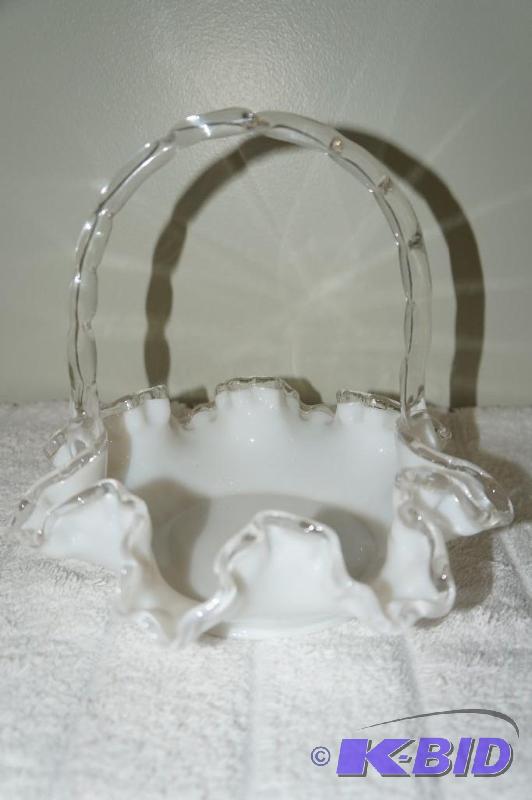 lot 64 image: Fenton Milk Glass Ruffled Edge Basket