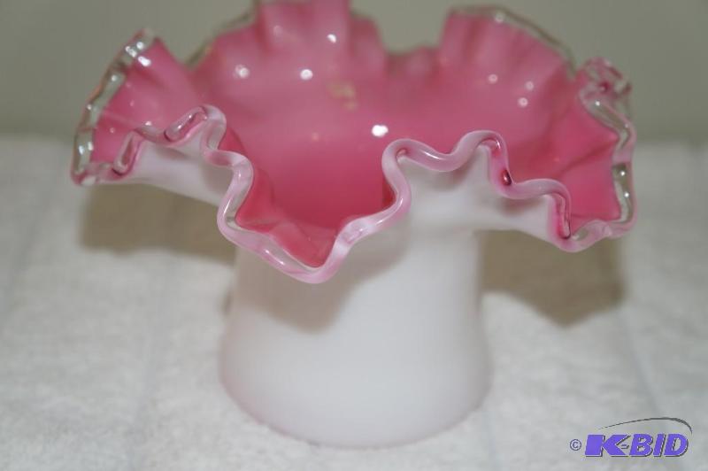 lot 65 image: Fenton Milk Glass & Pink Ruffled Edge Vase