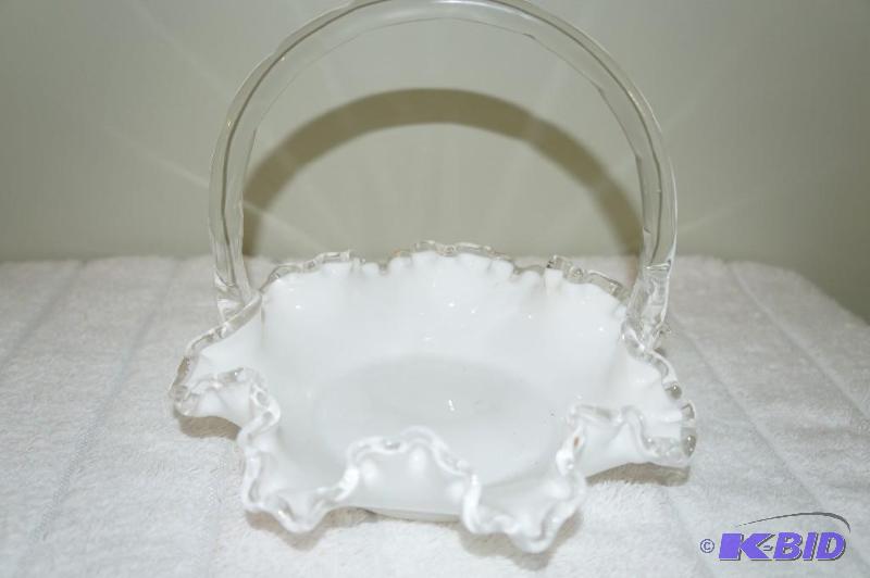 lot 67 image: Fenton Milk Glass Ruffled Edge Basket