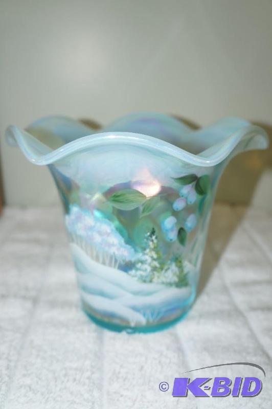 lot 72 image: Fenton Hand Painted and Signed Aquamarine Vase