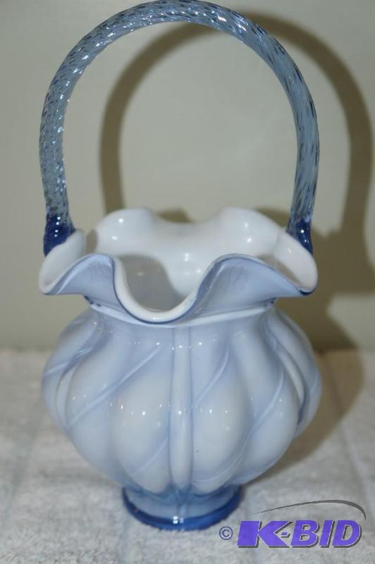 lot 74 image: Fenton Cornflower Blue Milk Glass Ruffled Edge Basket