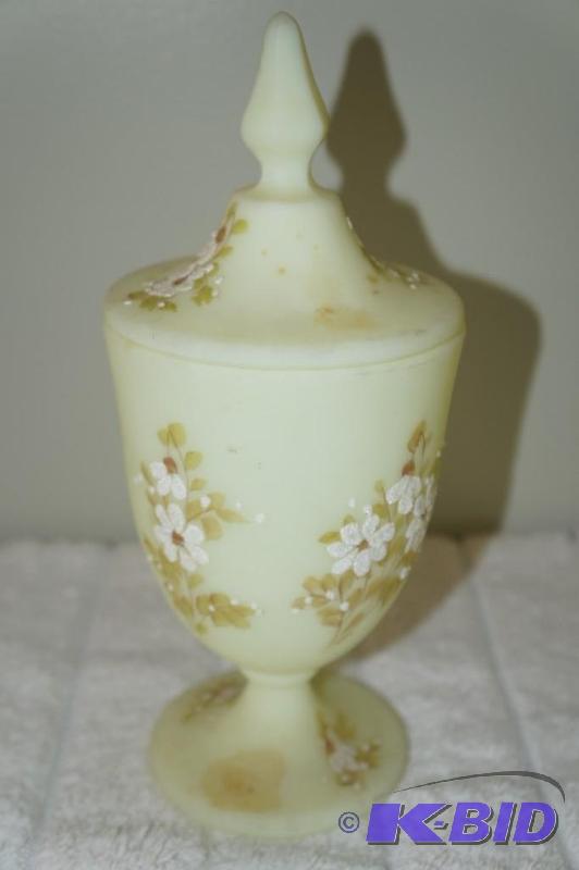 lot 76 image: Fenton Hand Painted and Signed Pale Yellow Candy Dish with Lid