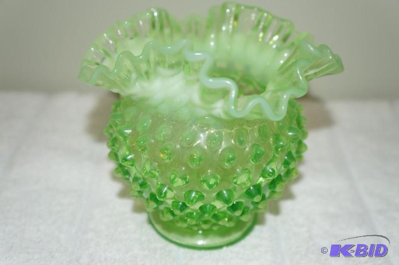 lot 77 image: Fenton Green & Opalescent Hobnail Ruffled Edge Vase