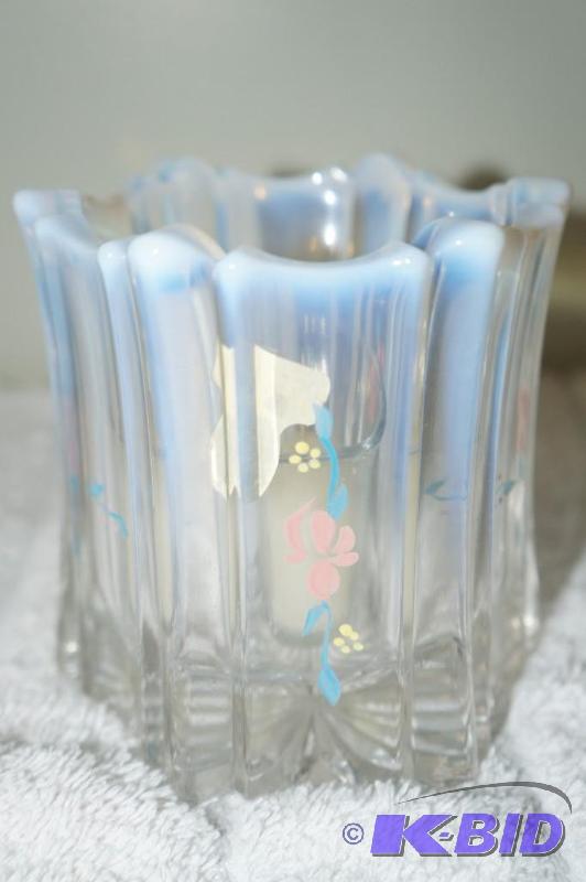 lot 82 image: Fenton Hand Painted Clear & Opalescent Candle Holder