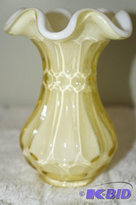 lot 88 image: Fenton Pale Yellow Milk Glass Ruffled Edge Vase