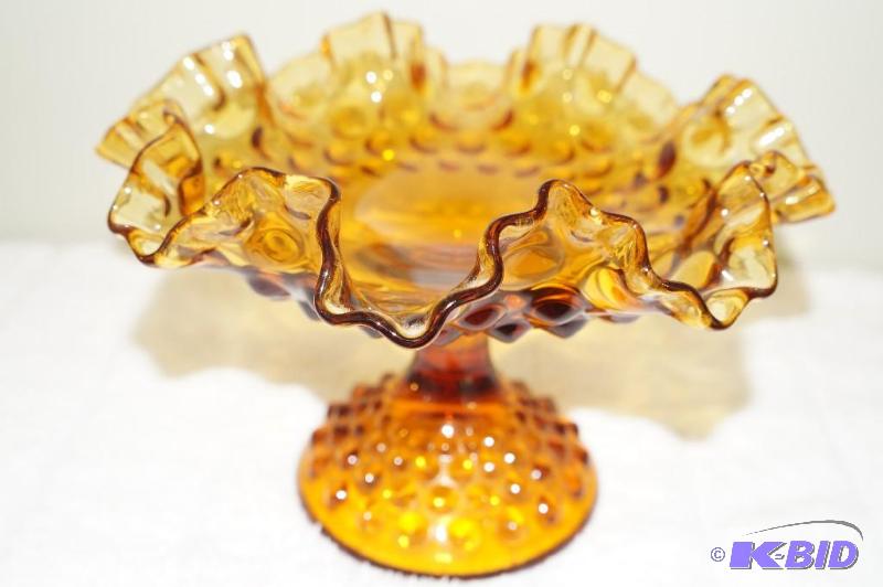 lot 95 image: Fenton Golden Amber Hobnail Ruffled Edge Candy Dish on Pedestal