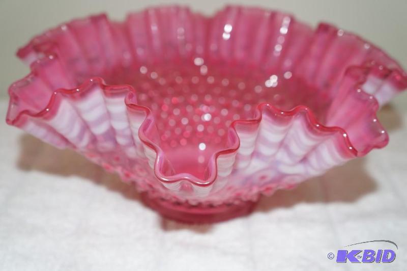 lot 96 image: Fenton Pink & Opalescent Footed Hobnail Ruffled Edge Bowl