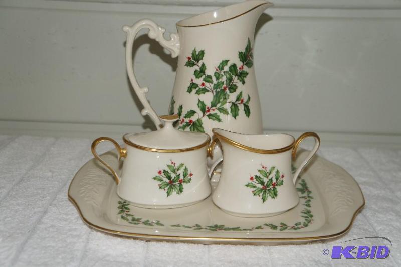 lot 104 image: Lot of 4 Christmas Lenox Coffee  Tea Set with Tray
