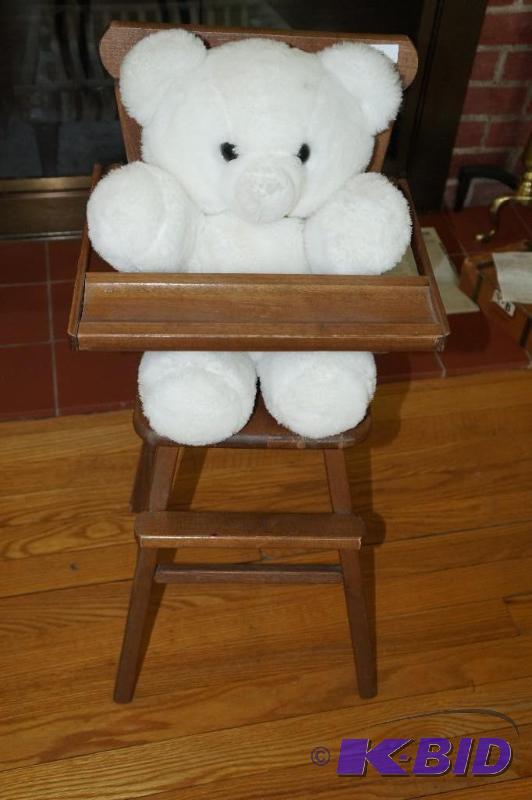 lot 12 image: Doll Size Wood High Chair w Stuffed Bear