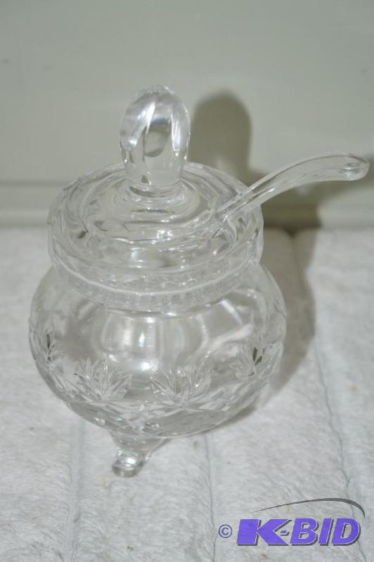 lot 199 image: 24% Lead Crystal Footed Sugar Dish w Spoon and Lid