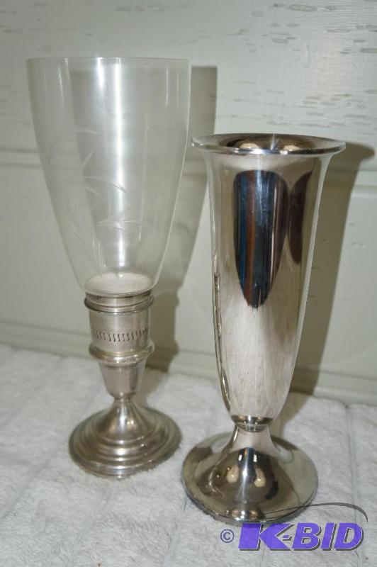 lot 246 image: Wallace Sterling Silver Vase & Lunt Sterling Silver Hurricane Lamp