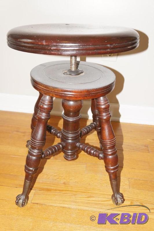 lot 264 image: Antique  Vintage Wood Swivel Piano Stool with Claw Feet on Glass Balls