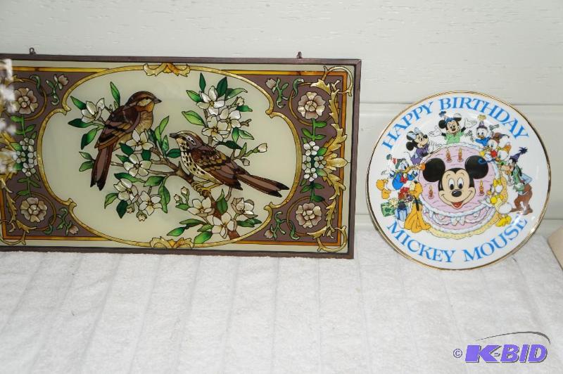 lot 281 image: 50th Birthday Special Edition Mickey Mouse Collectors Plate & Painted Glass Hanging Window Art