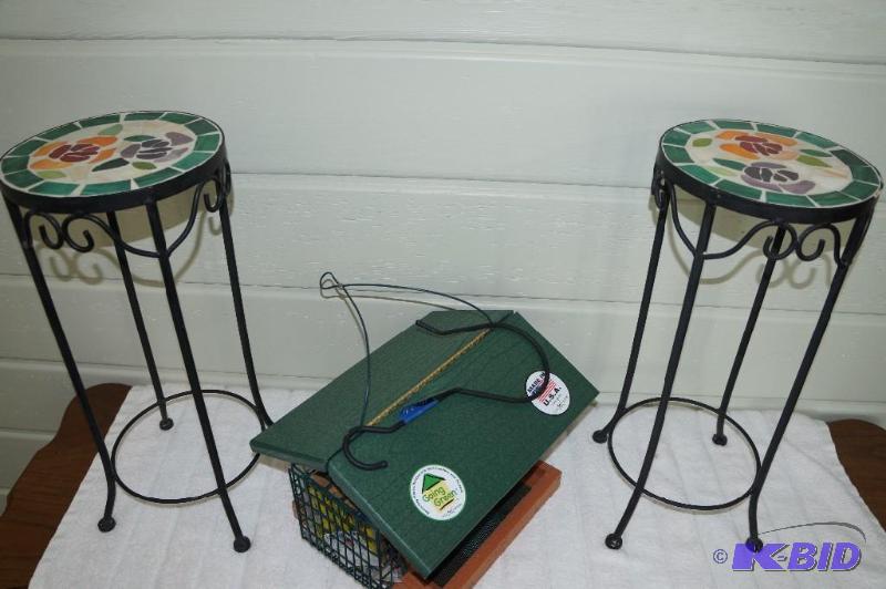 lot 30 image: Set of 2 Mosaic Patio Plant Stands and New Bird House