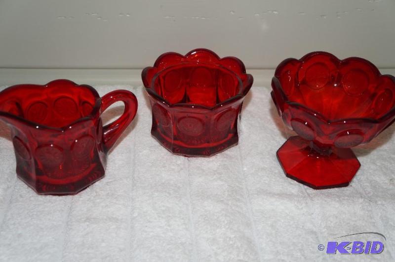 lot 89 image: Lot of 3 Ruby Red Coin Glassware