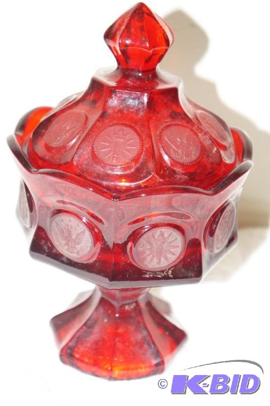 lot 92 image: Ruby Red Coin Covered Candy Dish on Pedestal