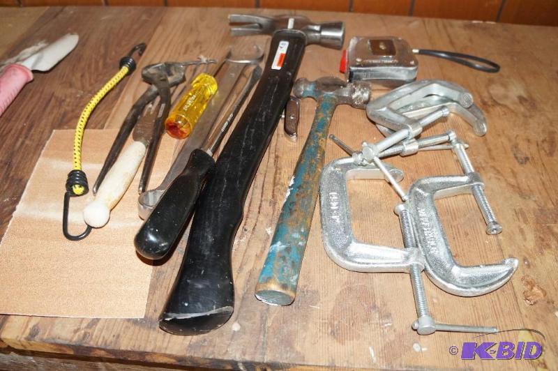 lot 21 image: Set of 4 C Clamps, Ball Pean Hammer & Hand Tools