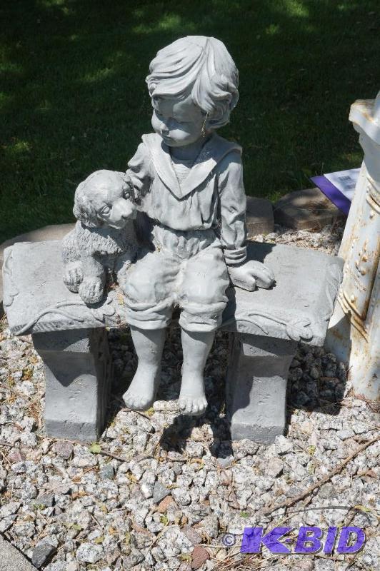 lot 35 image: Concrete Decorative Bench with Boy and Dog