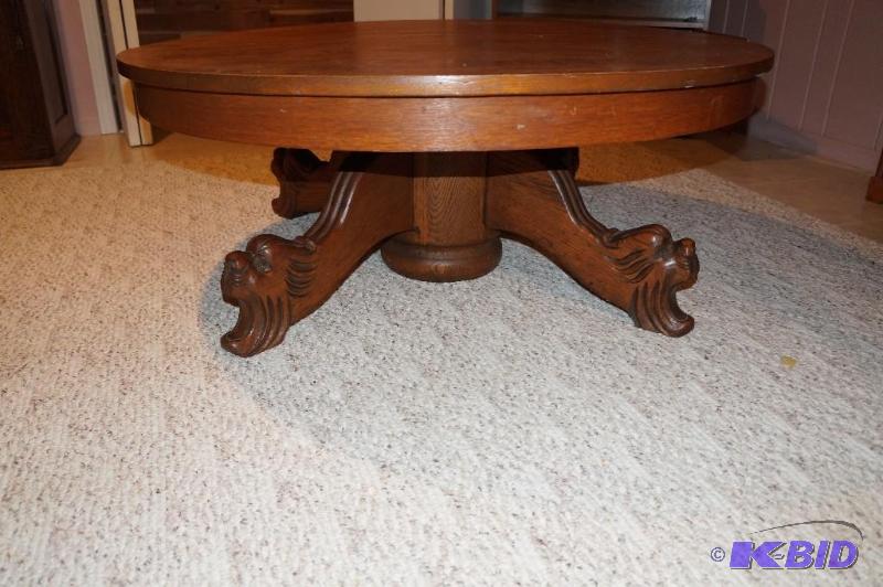 lot 53 image: Antique  Vintage Lions Face Wood Round Coffee Table