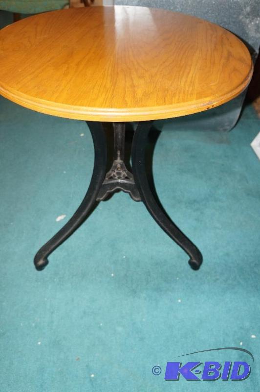 lot 84 image: Small Round Bistro Table with Iron Legs & Oak Top