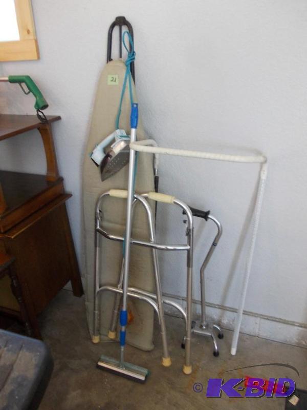 lot 21 image: Iron, Ironing Board, Walker, Cane, ...