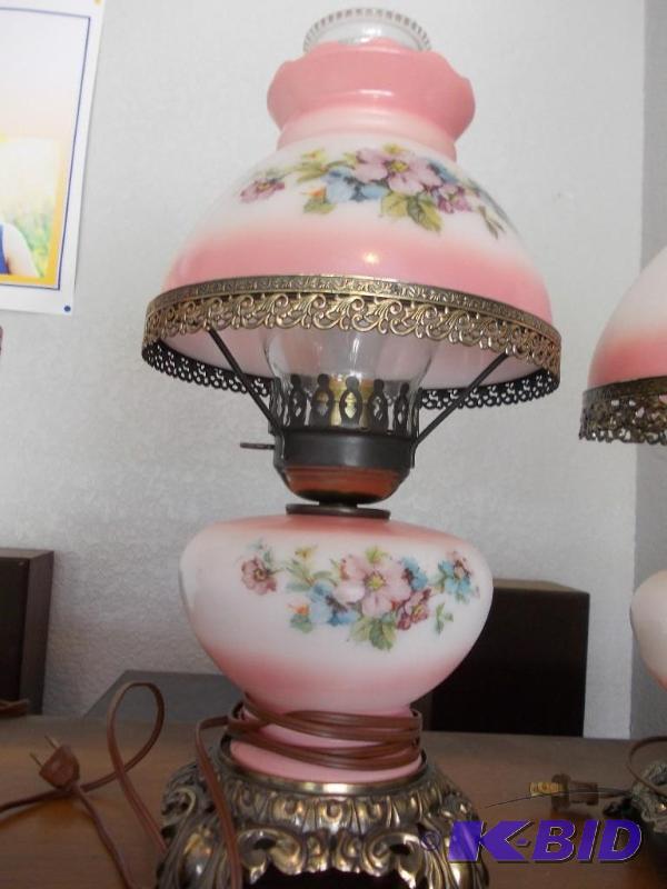 lot 37 image: Pink Floral Hurricane Lamp...