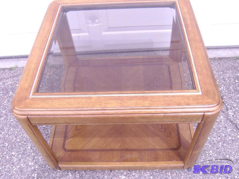 Large solid wood with glass top end table mea...