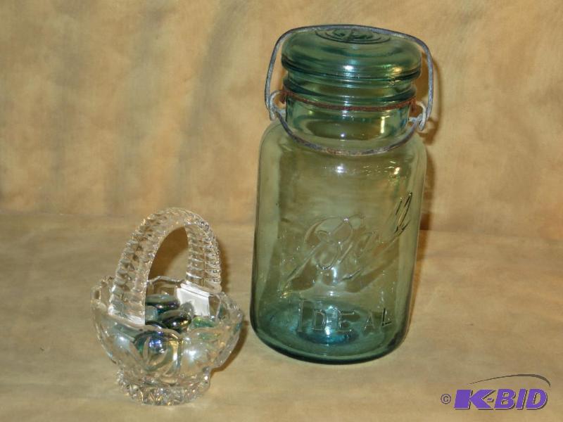 lot 112 image: Blue Canning Jar with full BALE - small Crystal Basket with pretty glass stones