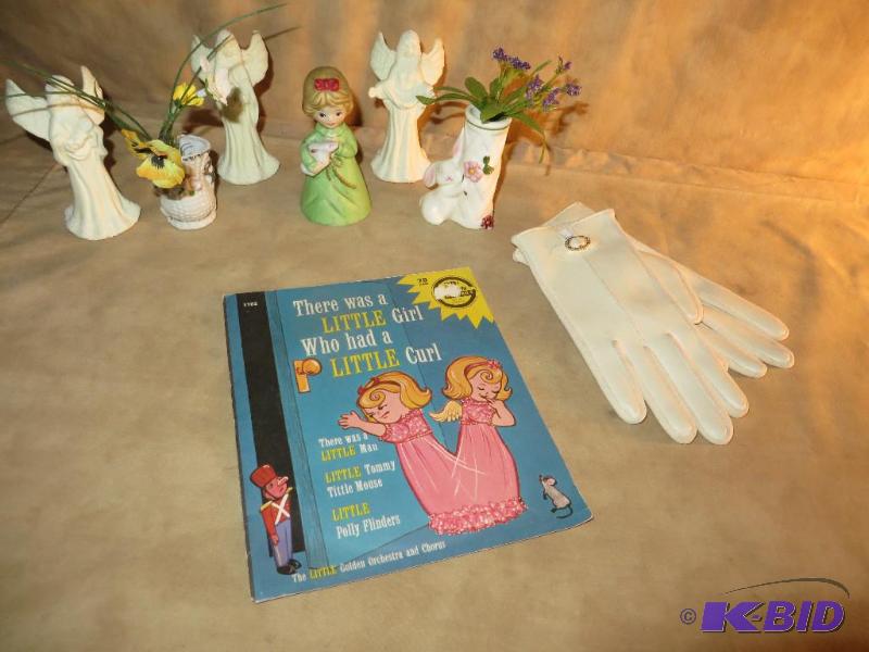 lot 47 image: VINTAGE RECORD, GLOVES, (2) FIGURINES AND 3 LITTLE ANGELS