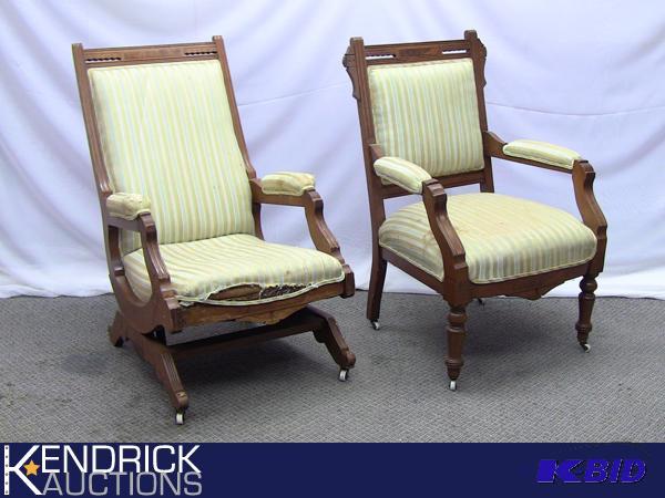 lot 10 image: Antique Rocker and Chair Set with Decorative Carved Wood Accents