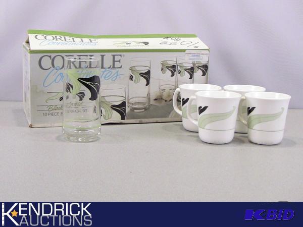 lot 44 image: Lot of Corelle Black Orchid Glasses, and Coffee Cups