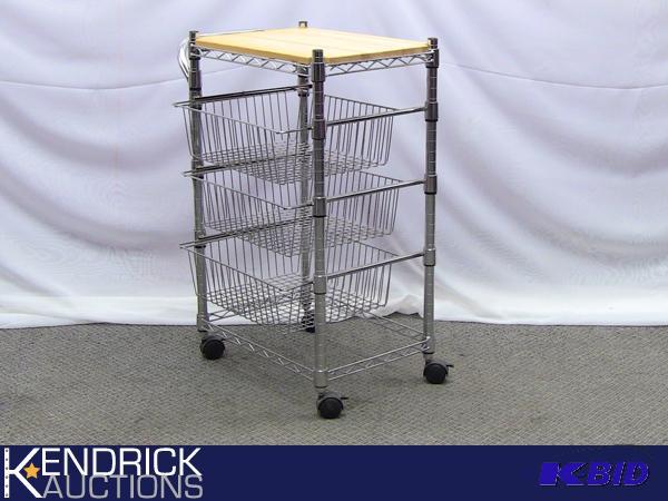 lot 85 image: Metal Serving Cart with Trays and Wood Top